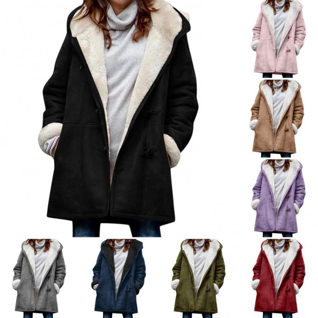 Lady Winter Coat with Hood And Pockets Thickened Fleece-lined Faux Suede Mid Length Thermal Jacket Long Sleeve Outdoor Casual Outerwear 