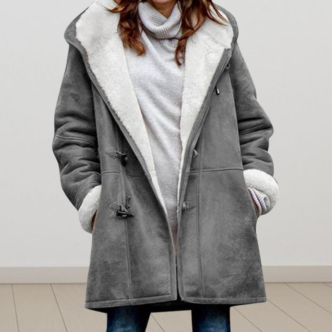 Lady Winter Coat with Hood And Pockets Thickened Fleece-lined Faux Suede Mid Length Thermal Jacket Long Sleeve Outdoor Casual Outerwear 