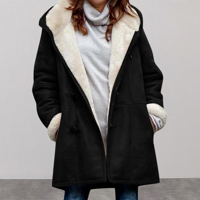 Lady Winter Coat with Hood And Pockets Thickened Fleece-lined Faux Suede Mid Length Thermal Jacket Long Sleeve Outdoor Casual Outerwear 