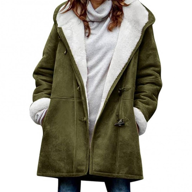 Lady Winter Coat with Hood And Pockets Thickened Fleece-lined Faux Suede Mid Length Thermal Jacket Long Sleeve Outdoor Casual Outerwear 