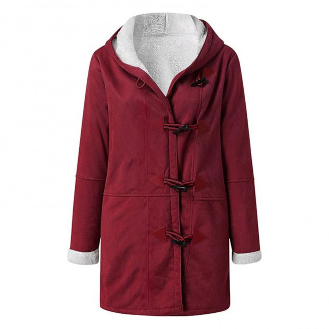 Lady Winter Coat with Hood And Pockets Thickened Fleece-lined Faux Suede Mid Length Thermal Jacket Long Sleeve Outdoor Casual Outerwear 