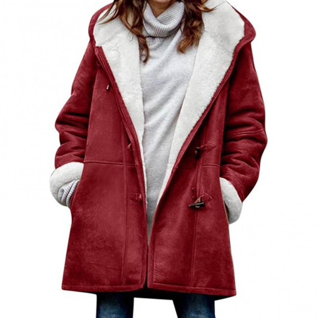 Lady Winter Coat with Hood And Pockets Thickened Fleece-lined Faux Suede Mid Length Thermal Jacket Long Sleeve Outdoor Casual Outerwear 