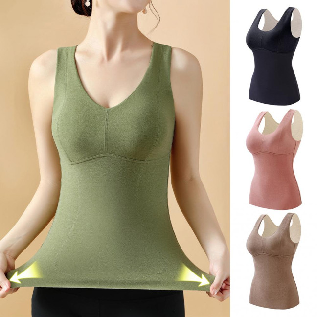 Winter Women Thermal Vest with Chest Pads Seamless Velvet Fast Temperature Lock Heating V Neck Slim Fit Elastic Sleeveless Inner Wear Bottoming Tank Top