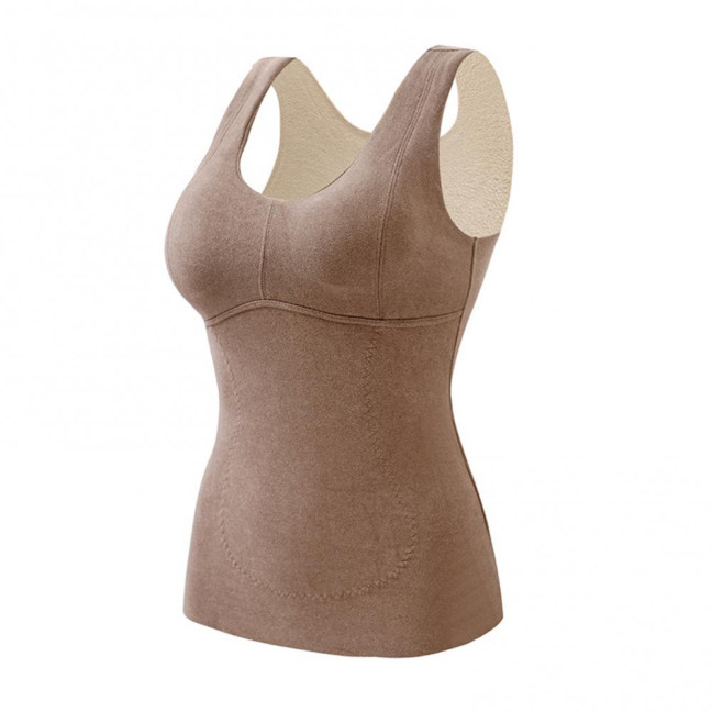 Winter Women Thermal Vest with Chest Pads Seamless Velvet Fast Temperature Lock Heating V Neck Slim Fit Elastic Sleeveless Inner Wear Bottoming Tank Top