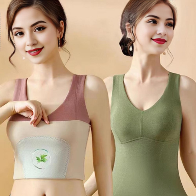 Winter Women Thermal Vest with Chest Pads Seamless Velvet Fast Temperature Lock Heating V Neck Slim Fit Elastic Sleeveless Inner Wear Bottoming Tank Top
