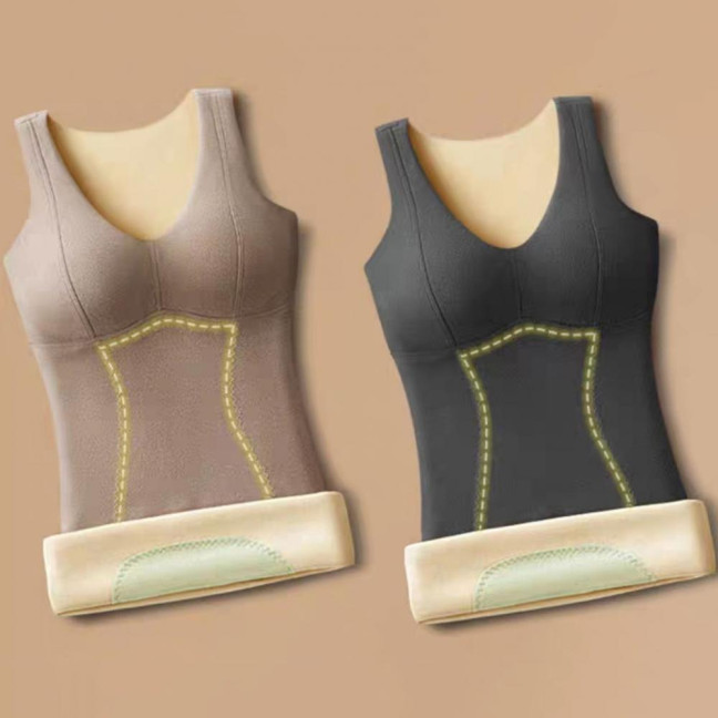 Winter Women Thermal Vest with Chest Pads Seamless Velvet Fast Temperature Lock Heating V Neck Slim Fit Elastic Sleeveless Inner Wear Bottoming Tank Top