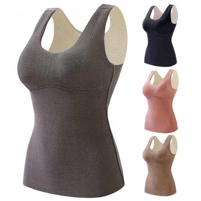 Winter Women Thermal Vest with Chest Pads Seamless Velvet Fast Temperature Lock Heating V Neck Slim Fit Elastic Sleeveless Inner Wear Bottoming Tank Top