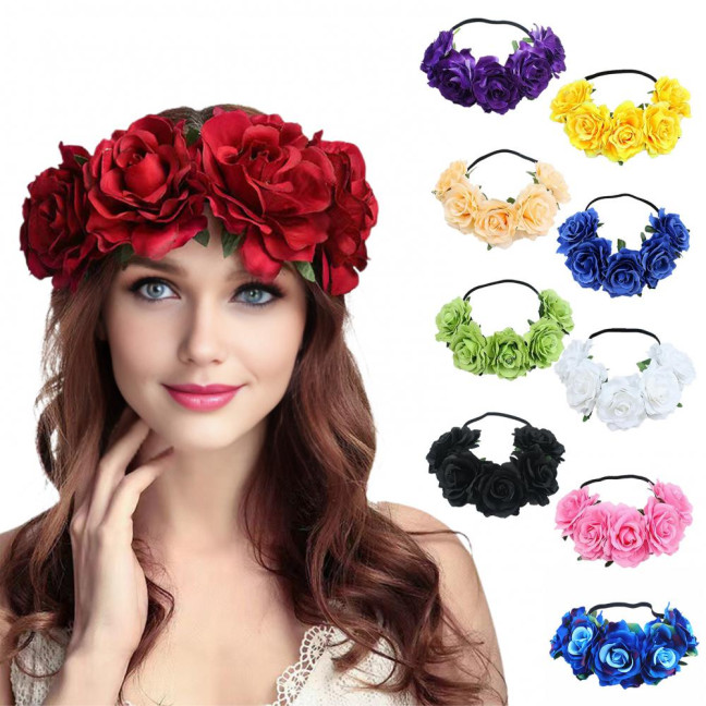Rose Headband Handmade Hair Hoop with 5 Artificial Roses High Elastic Design Bohemia Style Hair Hoop Festival Decor