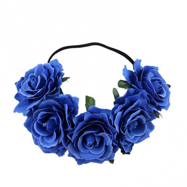 Rose Headband Handmade Hair Hoop with 5 Artificial Roses High Elastic Design Bohemia Style Hair Hoop Festival Decor