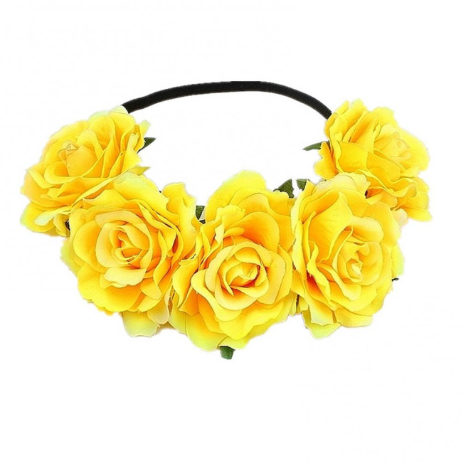 Rose Headband Handmade Hair Hoop with 5 Artificial Roses High Elastic Design Bohemia Style Hair Hoop Festival Decor