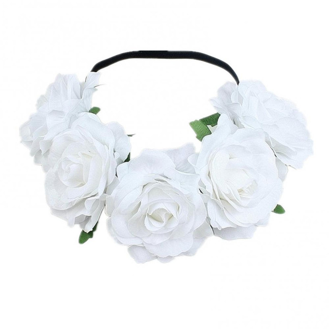 Rose Headband Handmade Hair Hoop with 5 Artificial Roses High Elastic Design Bohemia Style Hair Hoop Festival Decor