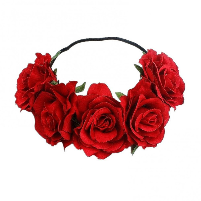 Rose Headband Handmade Hair Hoop with 5 Artificial Roses High Elastic Design Bohemia Style Hair Hoop Festival Decor