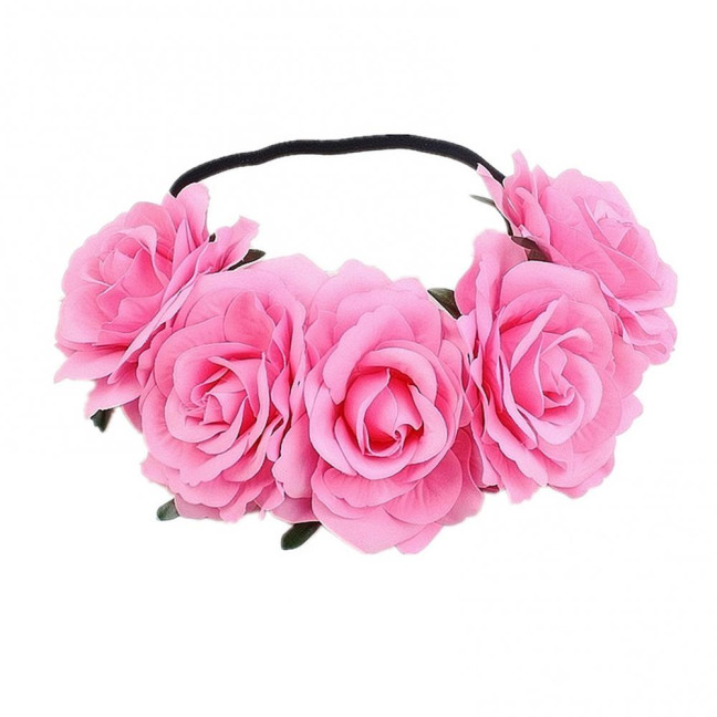 Rose Headband Handmade Hair Hoop with 5 Artificial Roses High Elastic Design Bohemia Style Hair Hoop Festival Decor