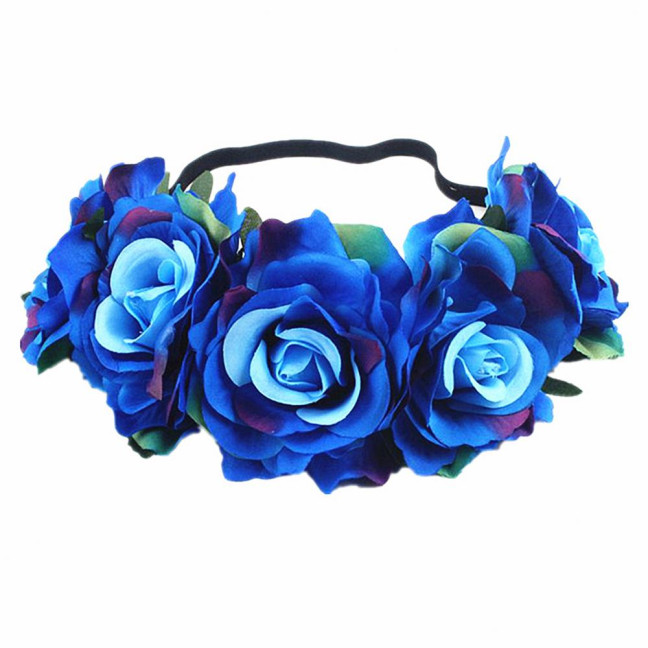 Rose Headband Handmade Hair Hoop with 5 Artificial Roses High Elastic Design Bohemia Style Hair Hoop Festival Decor