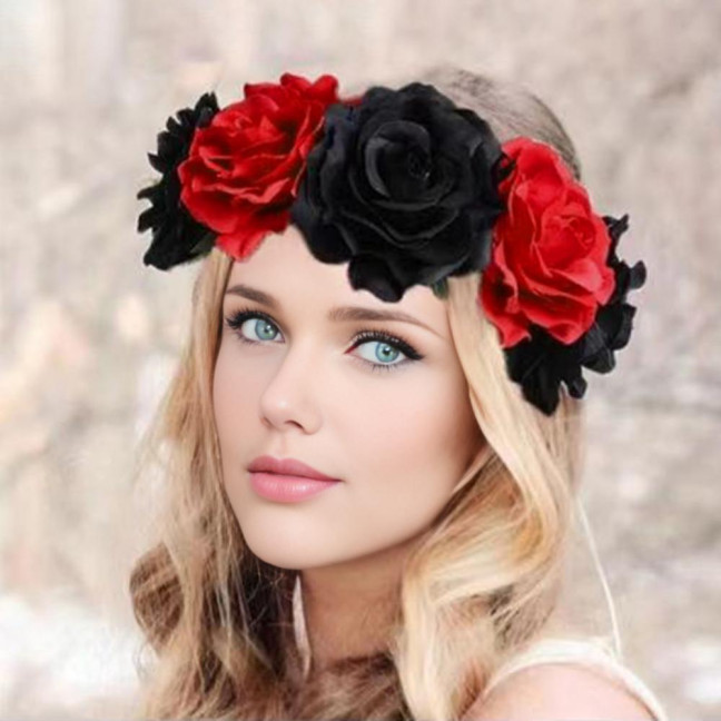 Rose Headband Handmade Hair Hoop with 5 Artificial Roses High Elastic Design Bohemia Style Hair Hoop Festival Decor