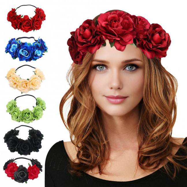 Rose Headband Handmade Hair Hoop with 5 Artificial Roses High Elastic Design Bohemia Style Hair Hoop Festival Decor
