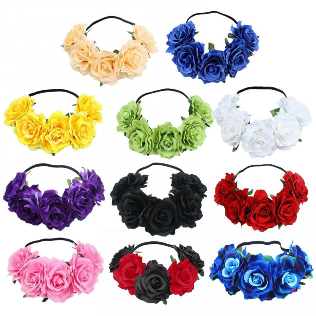 Rose Headband Handmade Hair Hoop with 5 Artificial Roses High Elastic Design Bohemia Style Hair Hoop Festival Decor