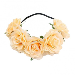 Rose Headband Handmade Hair Hoop with 5 Artificial Roses High Elastic Design Bohemia Style Hair Hoop Festival Decor