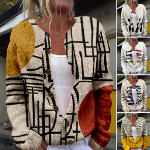 Women Sweater Coat Round Neck Long Sleeve Animal Print Knitting Outerwear Loose Fit Open Front Cardigan