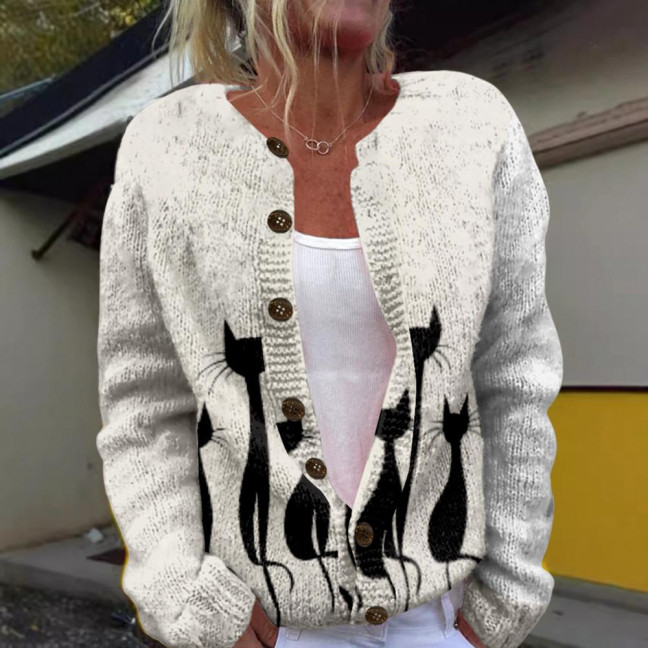 Women Sweater Coat Round Neck Long Sleeve Animal Print Knitting Outerwear Loose Fit Open Front Cardigan Women Sweater Coat Round Neck Long Sleeve Animal Print Knitting Outerwear Loose Fit Open Front Cardigan
