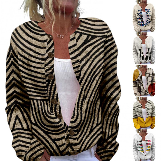Women Sweater Coat Round Neck Long Sleeve Animal Print Knitting Outerwear Loose Fit Open Front Cardigan Women Sweater Coat Round Neck Long Sleeve Animal Print Knitting Outerwear Loose Fit Open Front Cardigan