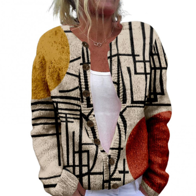 Women Sweater Coat Round Neck Long Sleeve Animal Print Knitting Outerwear Loose Fit Open Front Cardigan Women Sweater Coat Round Neck Long Sleeve Animal Print Knitting Outerwear Loose Fit Open Front Cardigan