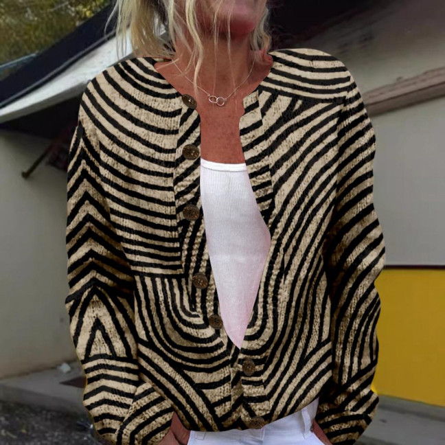 Women Sweater Coat Round Neck Long Sleeve Animal Print Knitting Outerwear Loose Fit Open Front Cardigan Women Sweater Coat Round Neck Long Sleeve Animal Print Knitting Outerwear Loose Fit Open Front Cardigan