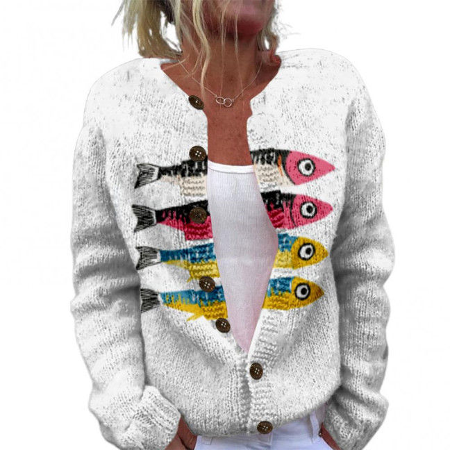 Women Sweater Coat Round Neck Long Sleeve Animal Print Knitting Outerwear Loose Fit Open Front Cardigan Women Sweater Coat Round Neck Long Sleeve Animal Print Knitting Outerwear Loose Fit Open Front Cardigan