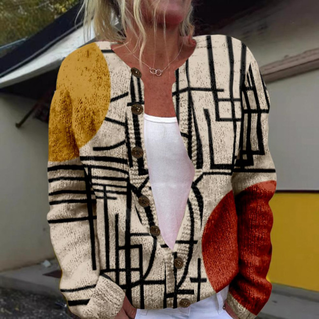 Women Sweater Coat Round Neck Long Sleeve Animal Print Knitting Outerwear Loose Fit Open Front Cardigan Women Sweater Coat Round Neck Long Sleeve Animal Print Knitting Outerwear Loose Fit Open Front Cardigan