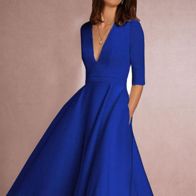 Women Midi Dress Deep V Neck A-line Flowy Hem Solid Color Half Sleeves Pure Color Dating Dress Prom Party Banquet Evening Dress 