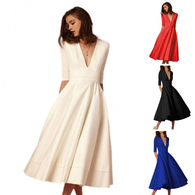 Women Midi Dress Deep V Neck A-line Flowy Hem Solid Color Half Sleeves Pure Color Dating Dress Prom Party Banquet Evening Dress 