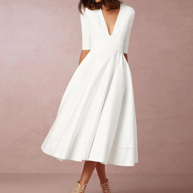 Women Midi Dress Deep V Neck A-line Flowy Hem Solid Color Half Sleeves Pure Color Dating Dress Prom Party Banquet Evening Dress 