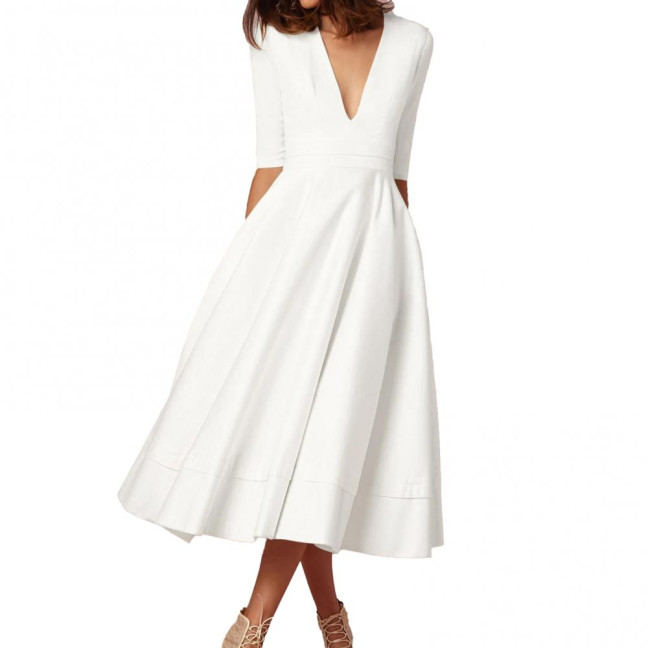 Women Midi Dress Deep V Neck A-line Flowy Hem Solid Color Half Sleeves Pure Color Dating Dress Prom Party Banquet Evening Dress 