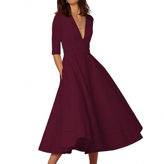 Women Midi Dress Deep V Neck A-line Flowy Hem Solid Color Half Sleeves Pure Color Dating Dress Prom Party Banquet Evening Dress 