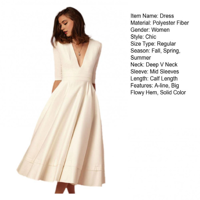 Women Midi Dress Deep V Neck A-line Flowy Hem Solid Color Half Sleeves Pure Color Dating Dress Prom Party Banquet Evening Dress 