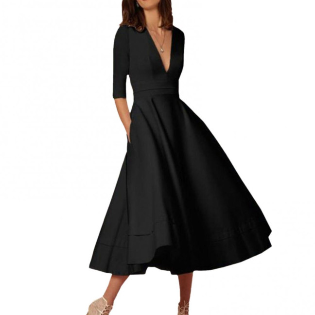 Women Midi Dress Deep V Neck A-line Flowy Hem Solid Color Half Sleeves Pure Color Dating Dress Prom Party Banquet Evening Dress 