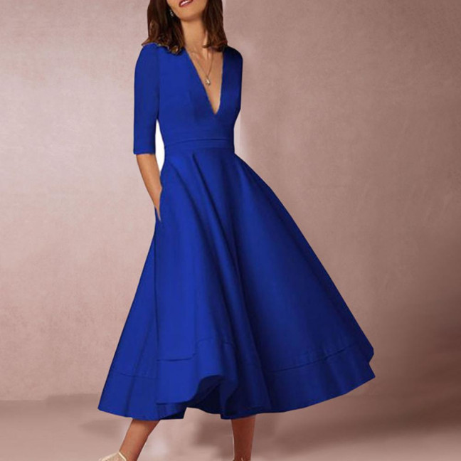 Women Midi Dress Deep V Neck A-line Flowy Hem Solid Color Half Sleeves Pure Color Dating Dress Prom Party Banquet Evening Dress 