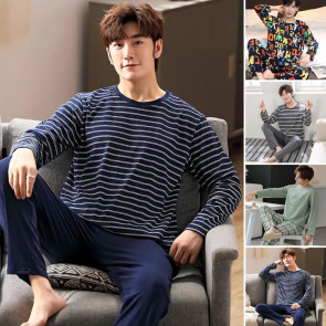 2Pcs/Set Men Pajamas Set O-Neck Long Sleeve Striped Print Tops Elastic Waist Long Pants Set Home Lounge Wear Set