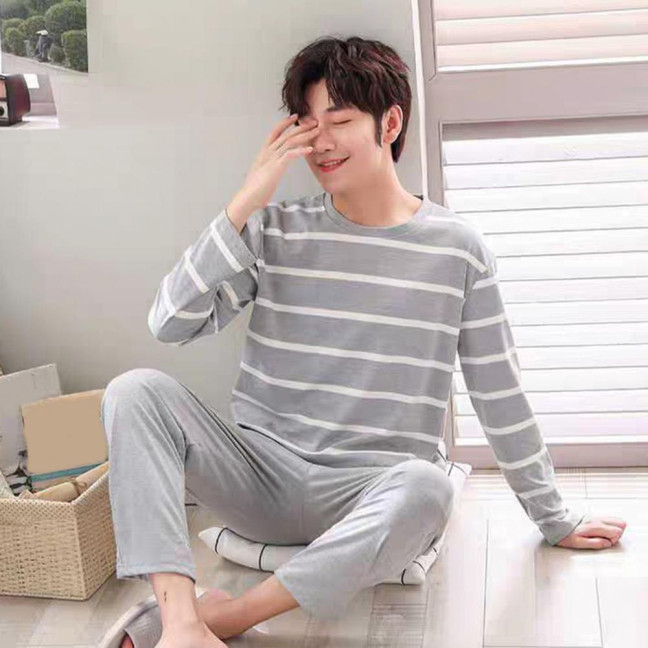 2Pcs/Set Men Pajamas Set O-Neck Long Sleeve Striped Print Tops Elastic Waist Long Pants Set Home Lounge Wear Set