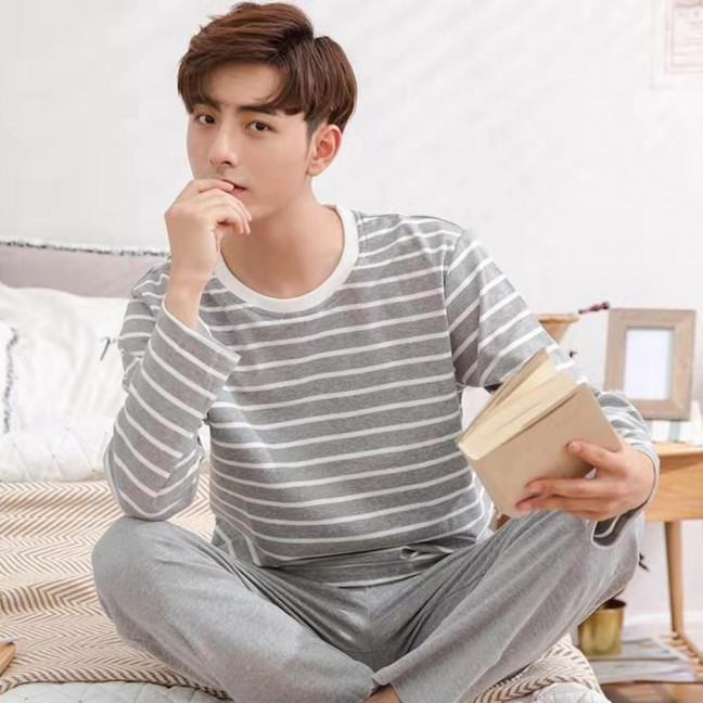 2Pcs/Set Men Pajamas Set O-Neck Long Sleeve Striped Print Tops Elastic Waist Long Pants Set Home Lounge Wear Set