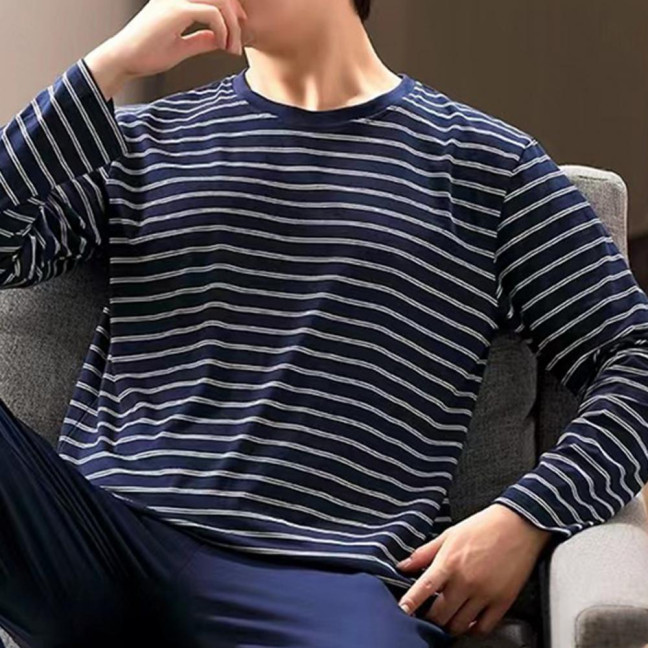 2Pcs/Set Men Pajamas Set O-Neck Long Sleeve Striped Print Tops Elastic Waist Long Pants Set Home Lounge Wear Set