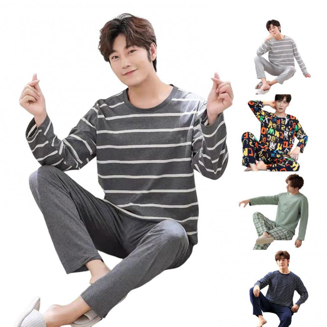 2Pcs/Set Men Pajamas Set O-Neck Long Sleeve Striped Print Tops Elastic Waist Long Pants Set Home Lounge Wear Set