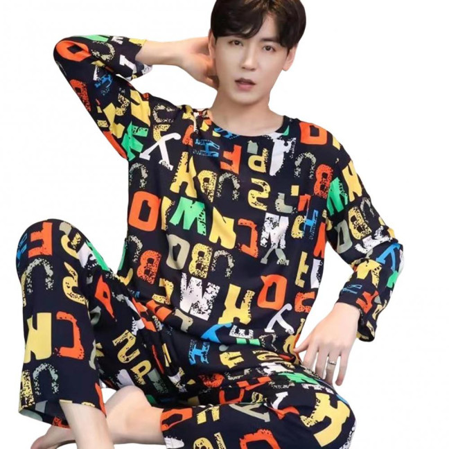 2Pcs/Set Men Pajamas Set O-Neck Long Sleeve Striped Print Tops Elastic Waist Long Pants Set Home Lounge Wear Set