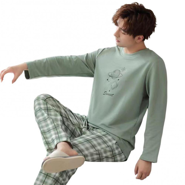 2Pcs/Set Men Pajamas Set O-Neck Long Sleeve Striped Print Tops Elastic Waist Long Pants Set Home Lounge Wear Set