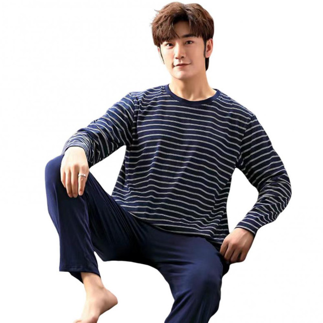 2Pcs/Set Men Pajamas Set O-Neck Long Sleeve Striped Print Tops Elastic Waist Long Pants Set Home Lounge Wear Set