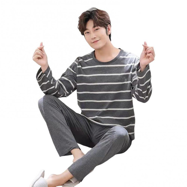 2Pcs/Set Men Pajamas Set O-Neck Long Sleeve Striped Print Tops Elastic Waist Long Pants Set Home Lounge Wear Set
