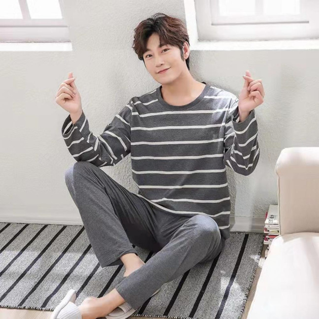 2Pcs/Set Men Pajamas Set O-Neck Long Sleeve Striped Print Tops Elastic Waist Long Pants Set Home Lounge Wear Set