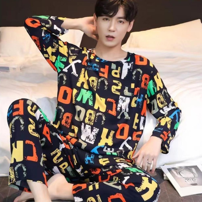 2Pcs/Set Men Pajamas Set O-Neck Long Sleeve Striped Print Tops Elastic Waist Long Pants Set Home Lounge Wear Set