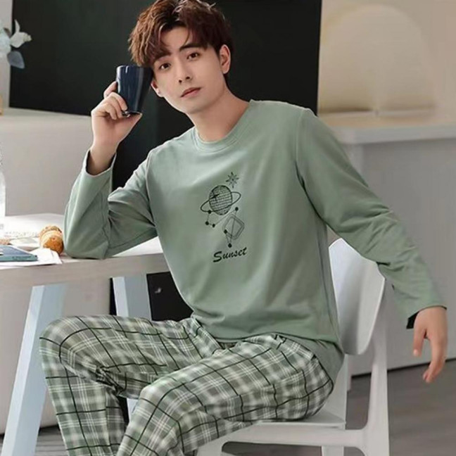 2Pcs/Set Men Pajamas Set O-Neck Long Sleeve Striped Print Tops Elastic Waist Long Pants Set Home Lounge Wear Set