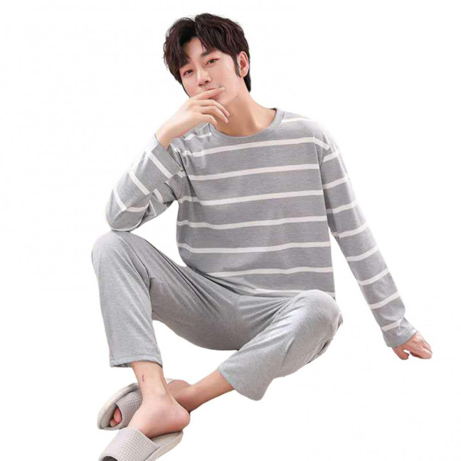 2Pcs/Set Men Pajamas Set O-Neck Long Sleeve Striped Print Tops Elastic Waist Long Pants Set Home Lounge Wear Set